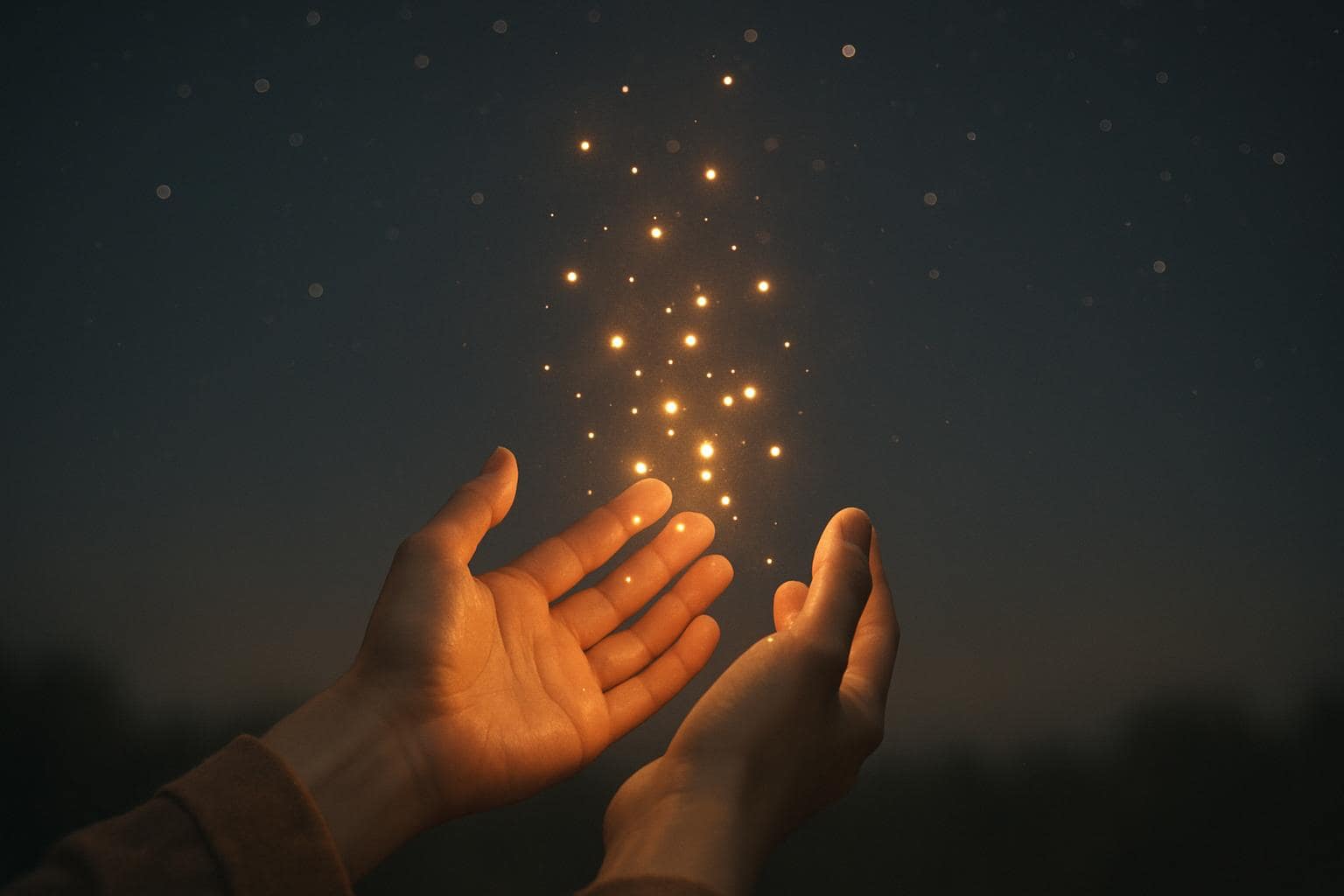 Hands releasing glowing light particles into the night sky, symbolizing spiritual release and renewal