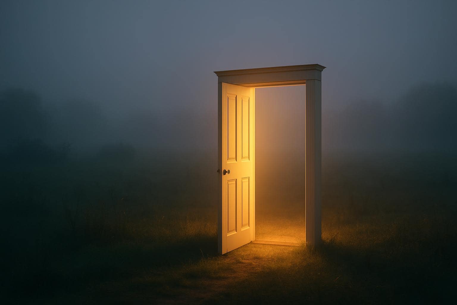 Glowing doorway in a misty field symbolizing transition and new beginnings