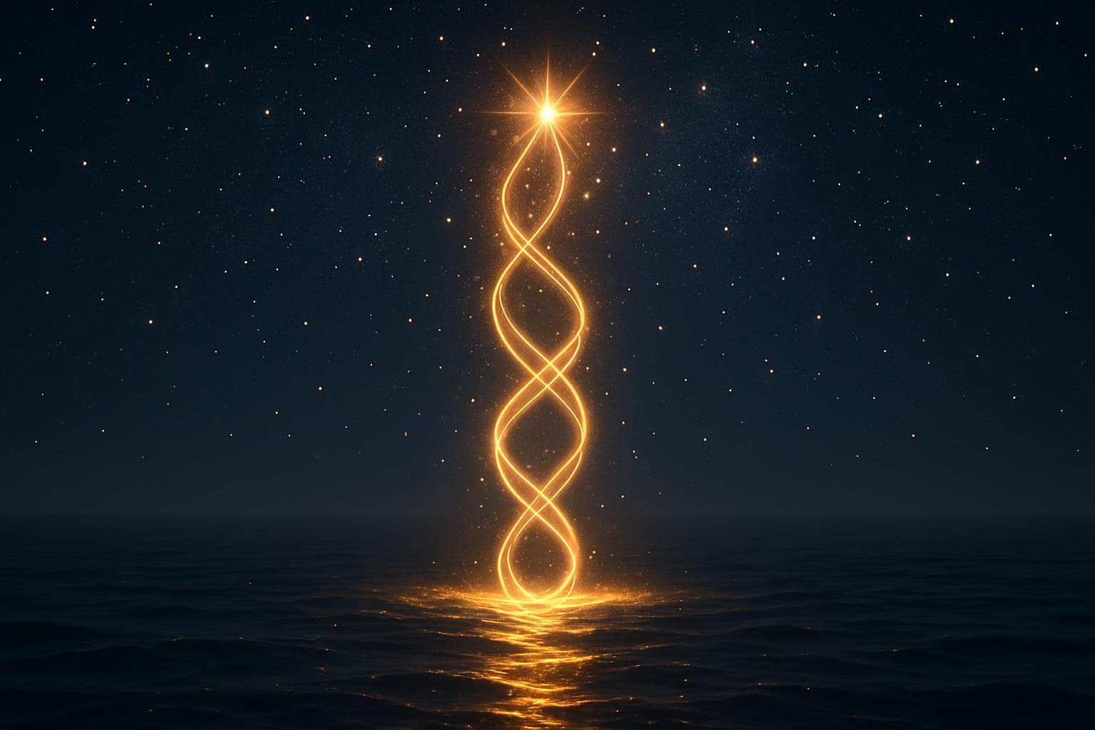Two spiraling light trails rising into a starry sky above calm water