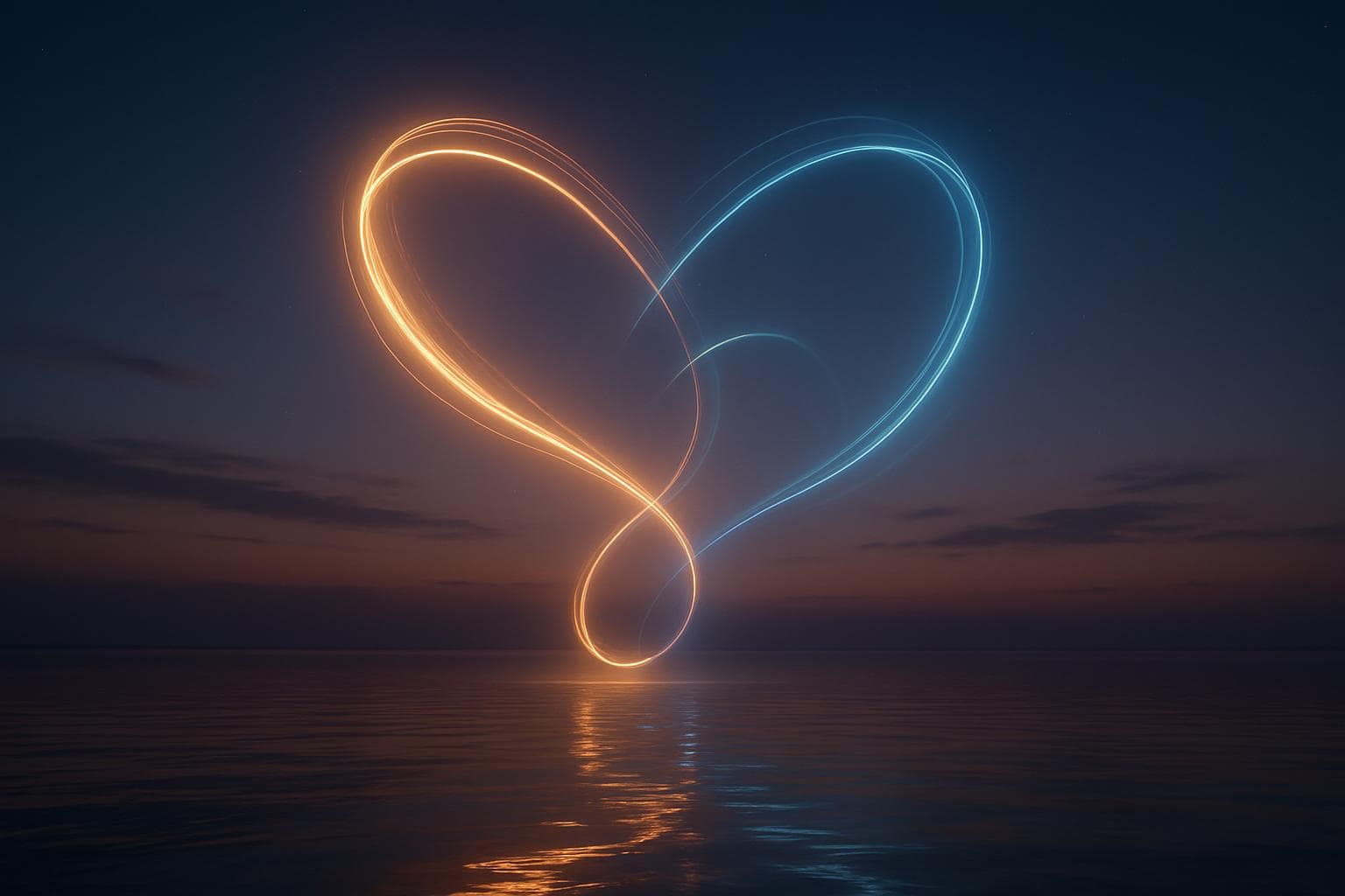 Two glowing intertwined light trails in a twilight sky reflecting on calm water, symbolizing twin flame connection