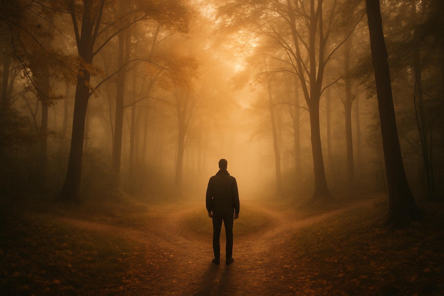 A person standing at a misty crossroads symbolizing transformation and change
