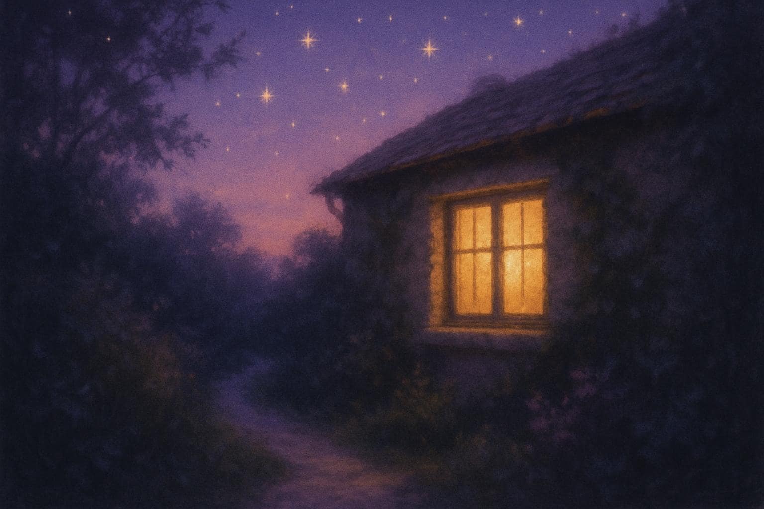 A warmly lit home window under a twilight sky symbolizing stability and change