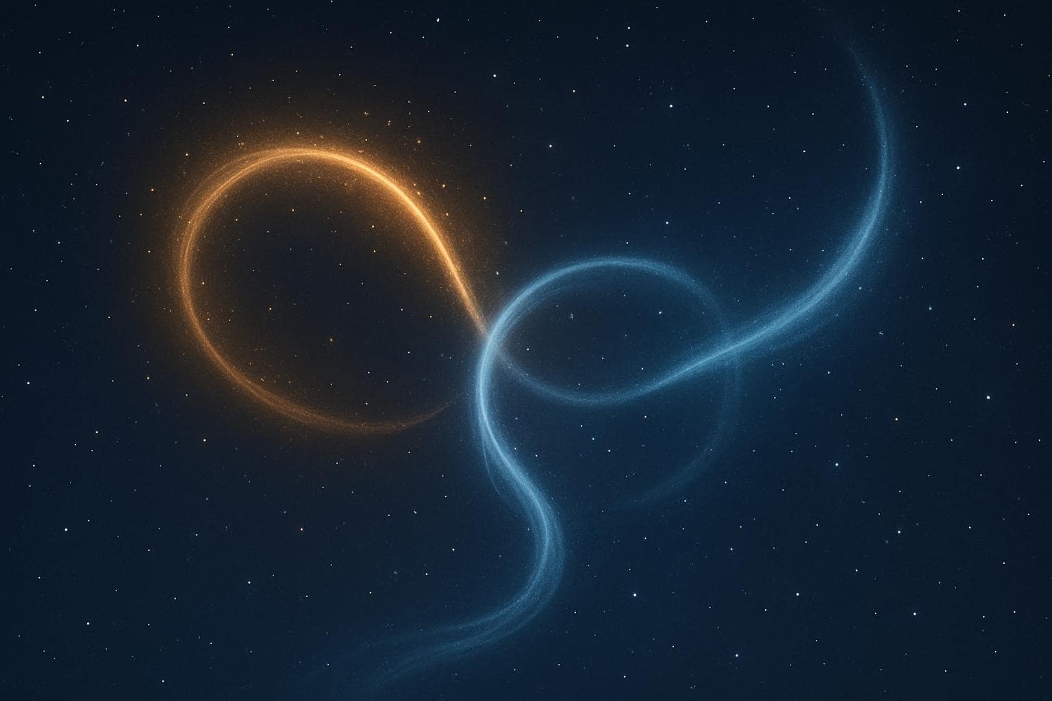 Two glowing light trails spiraling together symbolizing balance between freedom and stability