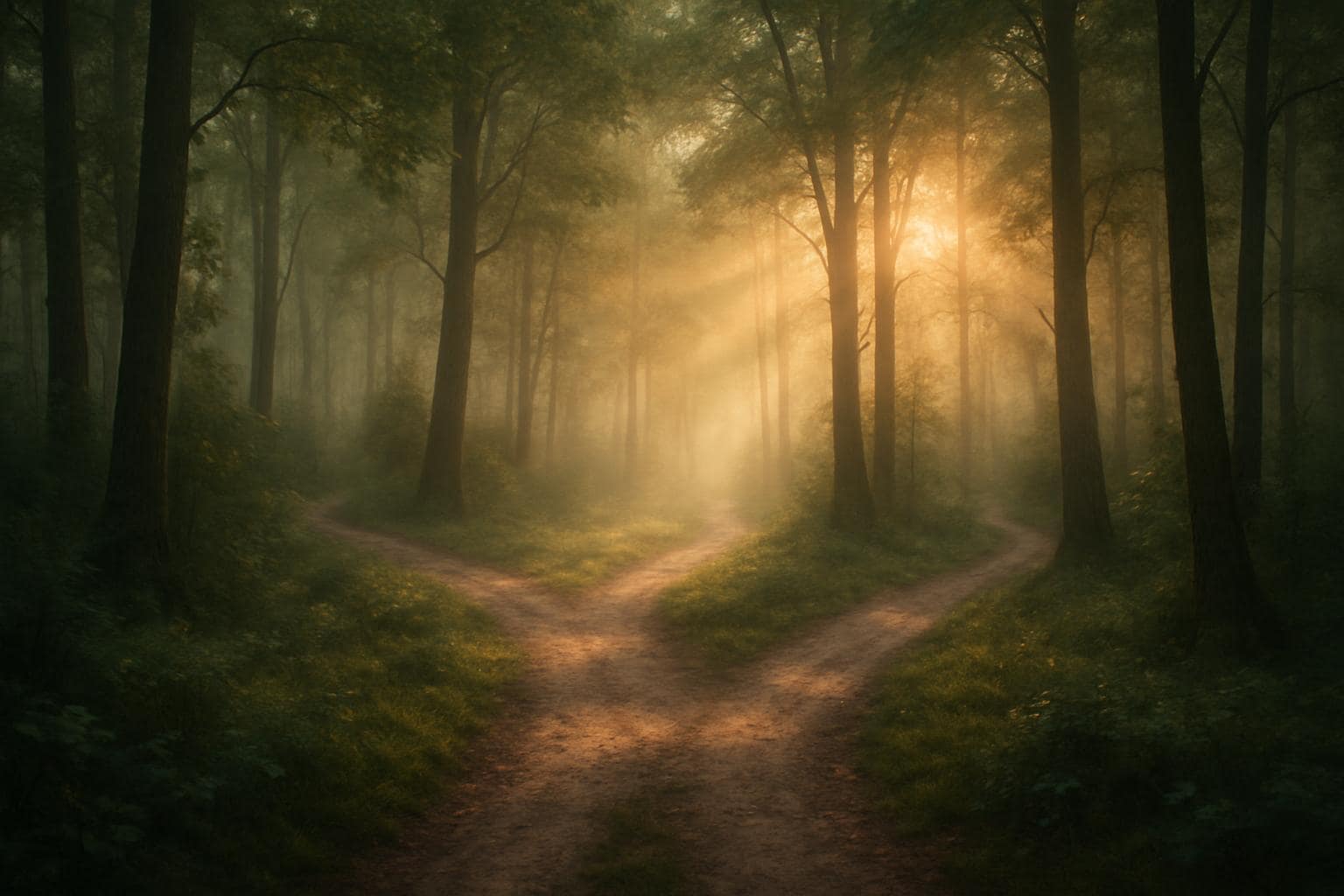 Misty forest path at dawn symbolizing a life crossroads and new direction