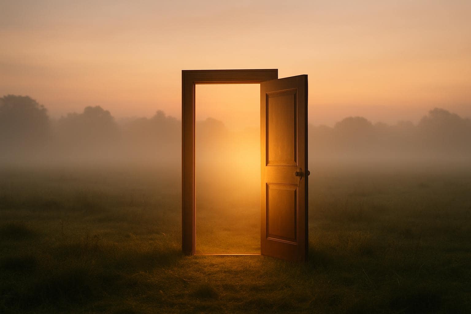 An open doorway glowing with warm light in a misty field, symbolizing transition and new beginnings