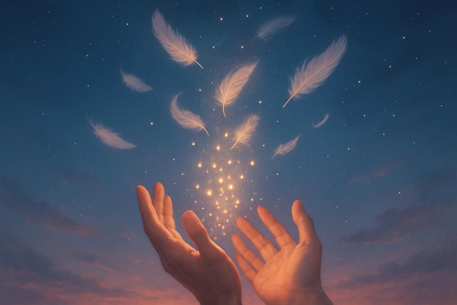 Hands releasing glowing light particles into a twilight sky, symbolizing letting go and spiritual growth