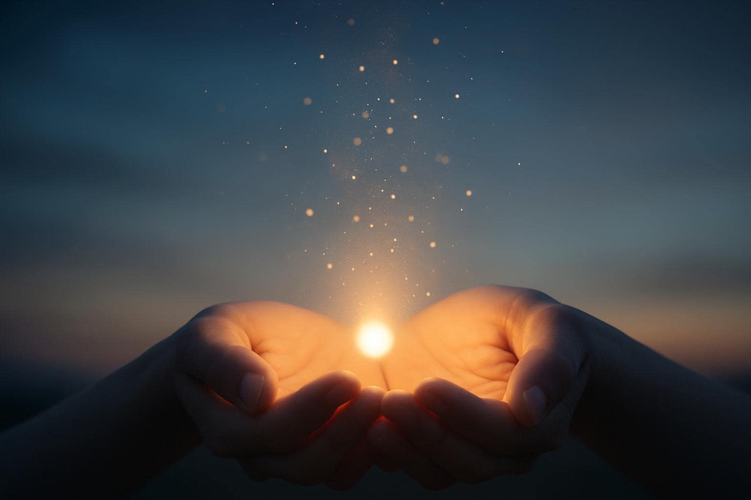 Hands cupping a gentle glowing light symbolizing nurturing spiritual balance