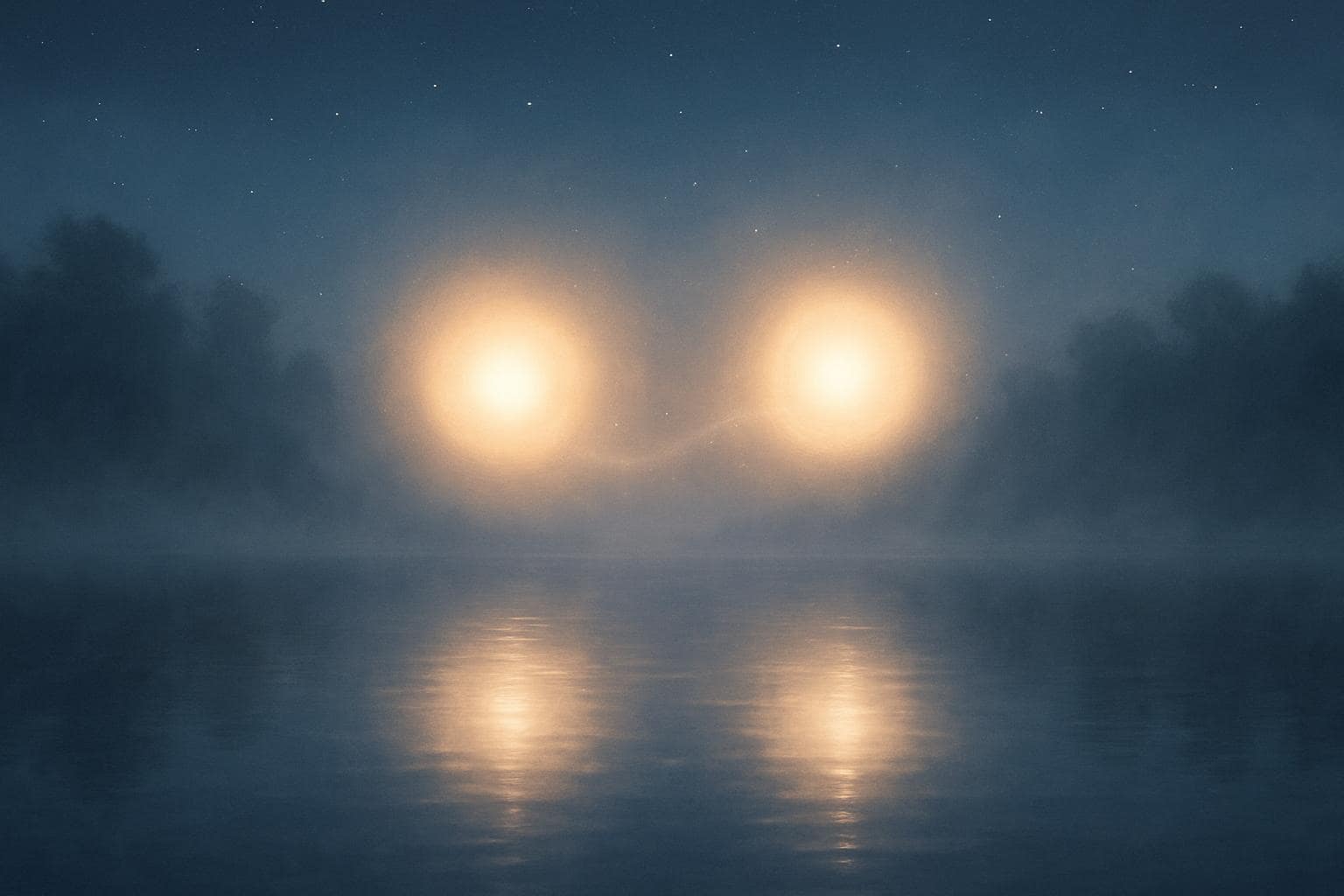 Two glowing lights drifting toward each other over a misty lake symbolizing twin flame connection