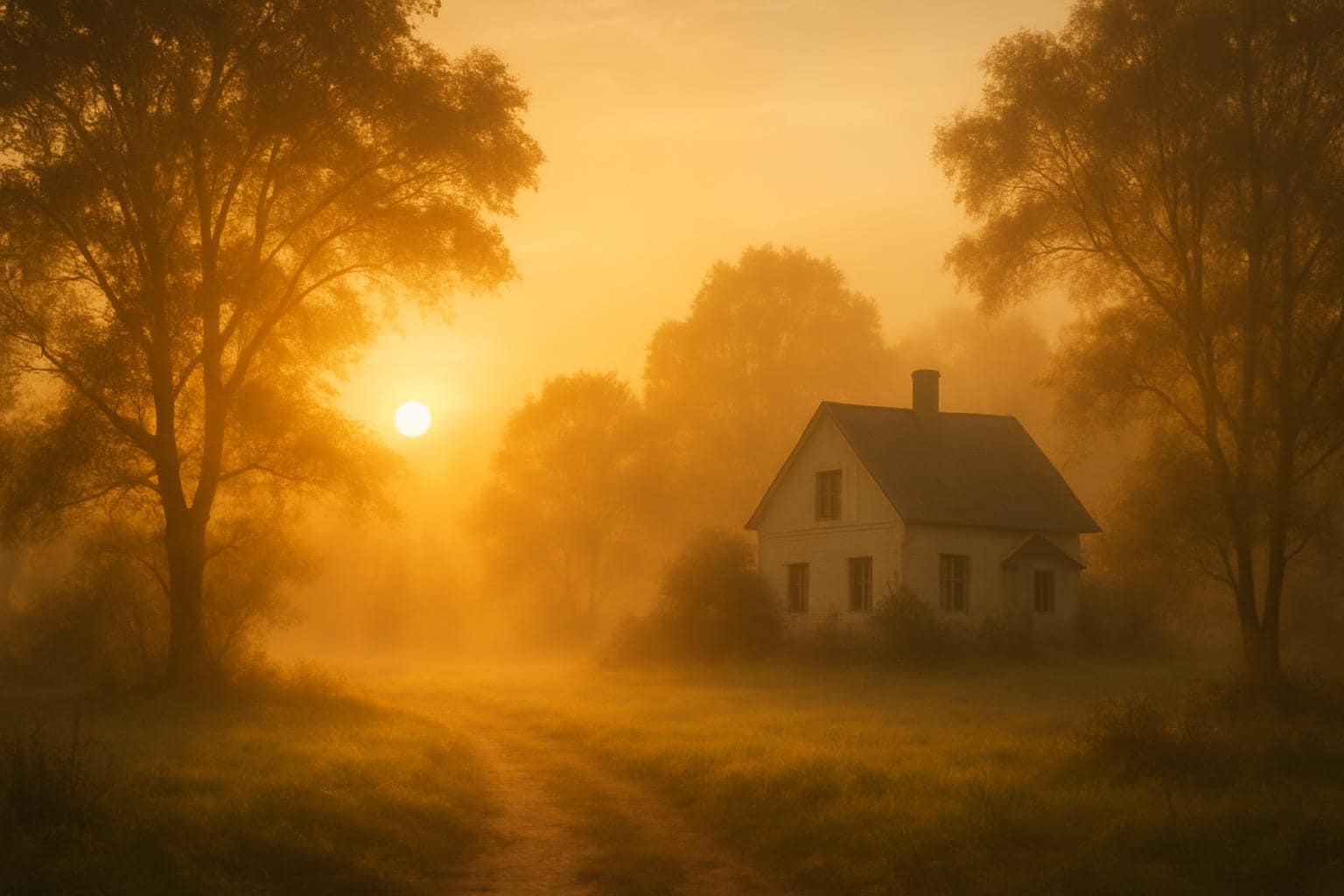 Warm sunrise over a peaceful home symbolizing change and stability