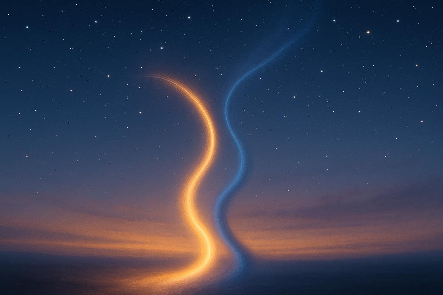 Two paths of light merging under a starry sky symbolizing balance and connection
