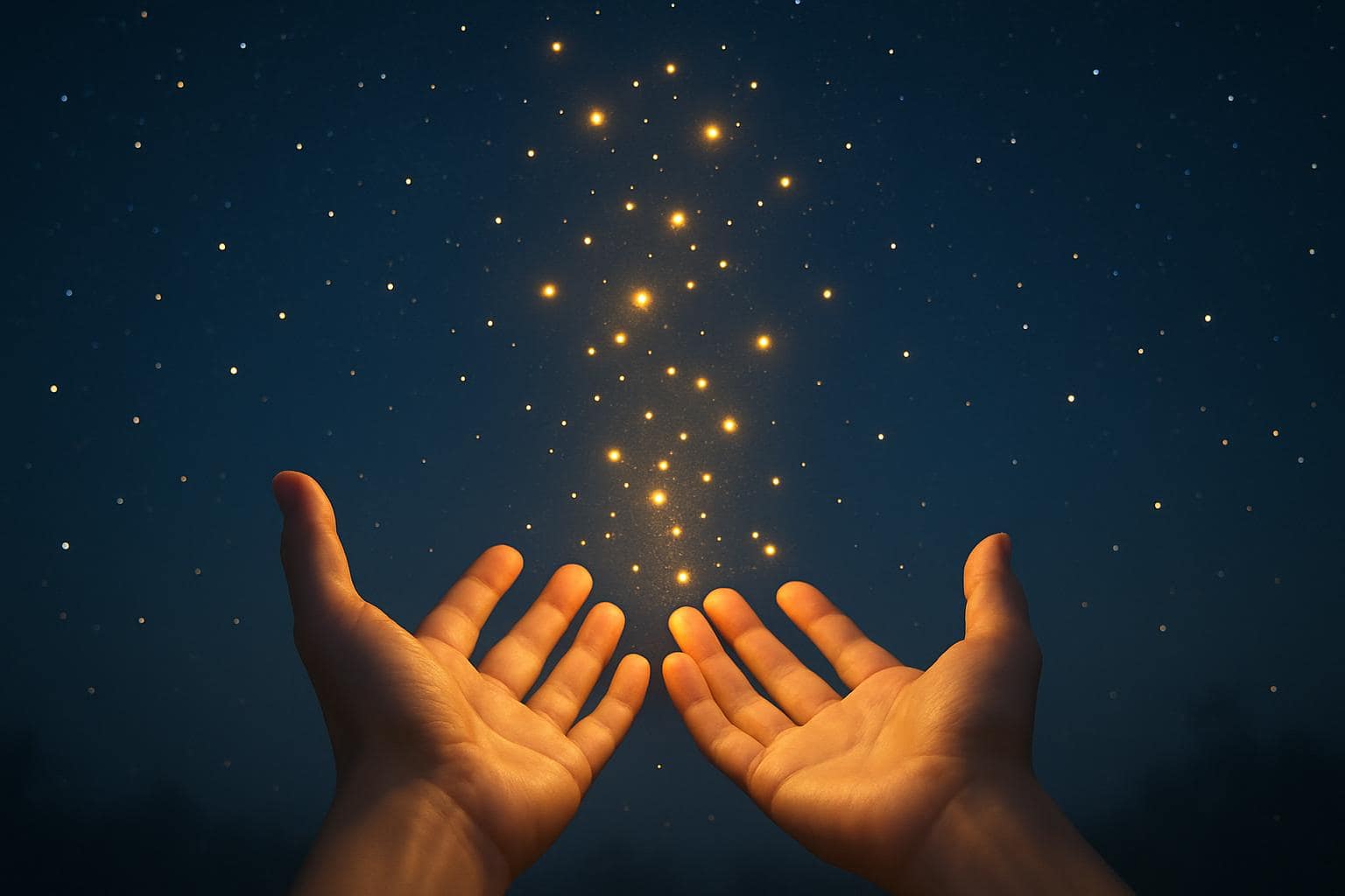 Open hands releasing glowing light into the night sky representing letting go of worry