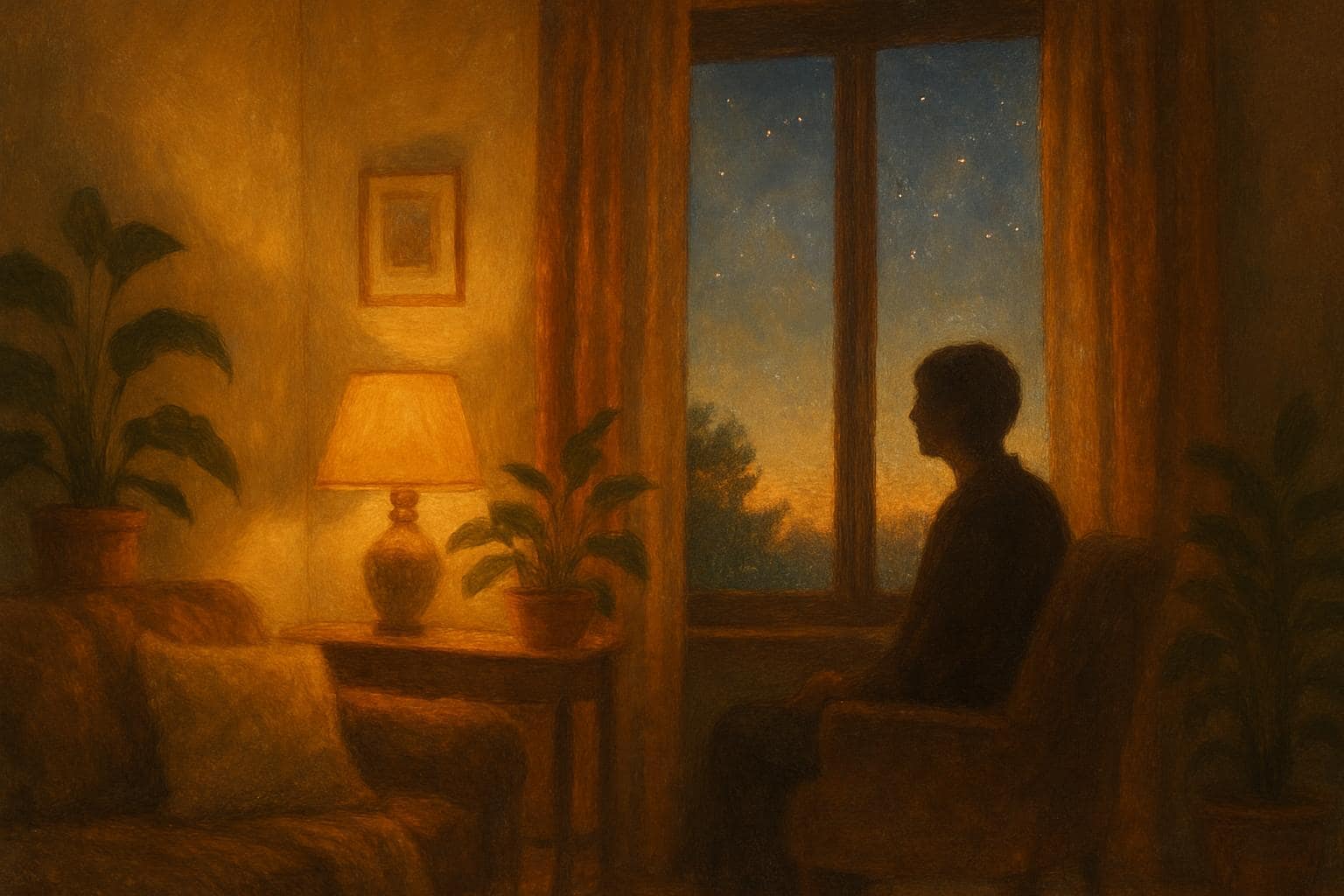 A person sitting quietly by a warmly lit window at dusk, reflecting in a peaceful home setting