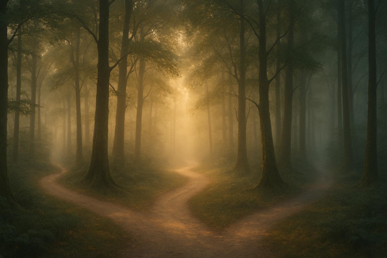 A misty forest path at dawn with two trails gently merging into one under soft golden light
