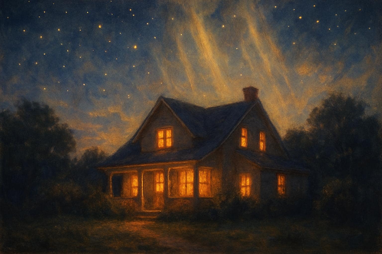 A warmly lit home under a starry sky symbolizing stability and abundance