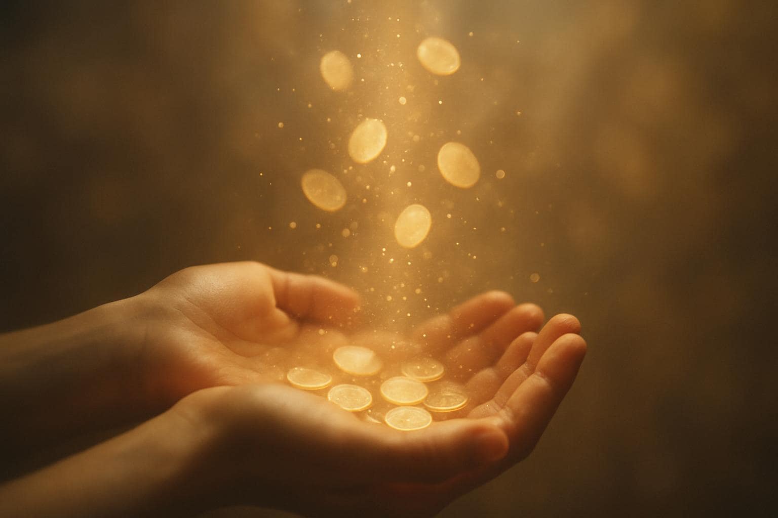 Open hands under golden light symbolizing earned abundance and financial growth