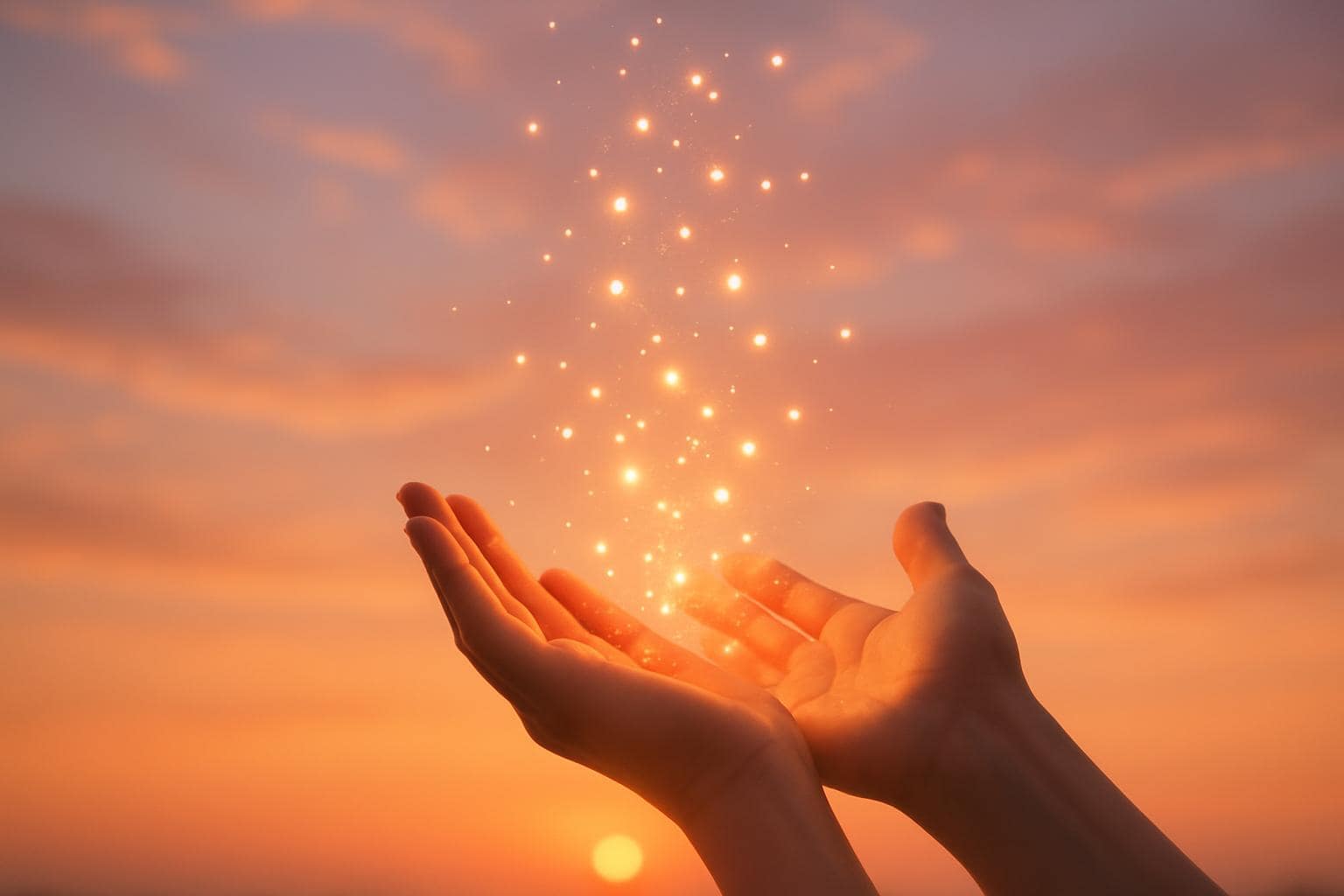 Hands releasing glowing light into the sky representing release and renewal in career and money