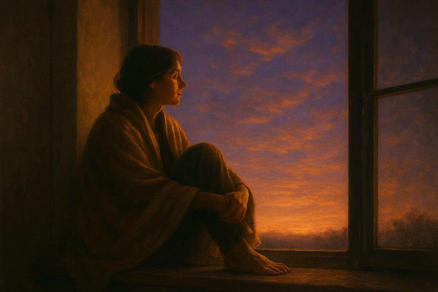 Person sitting in quiet reflection near a softly lit window at dusk