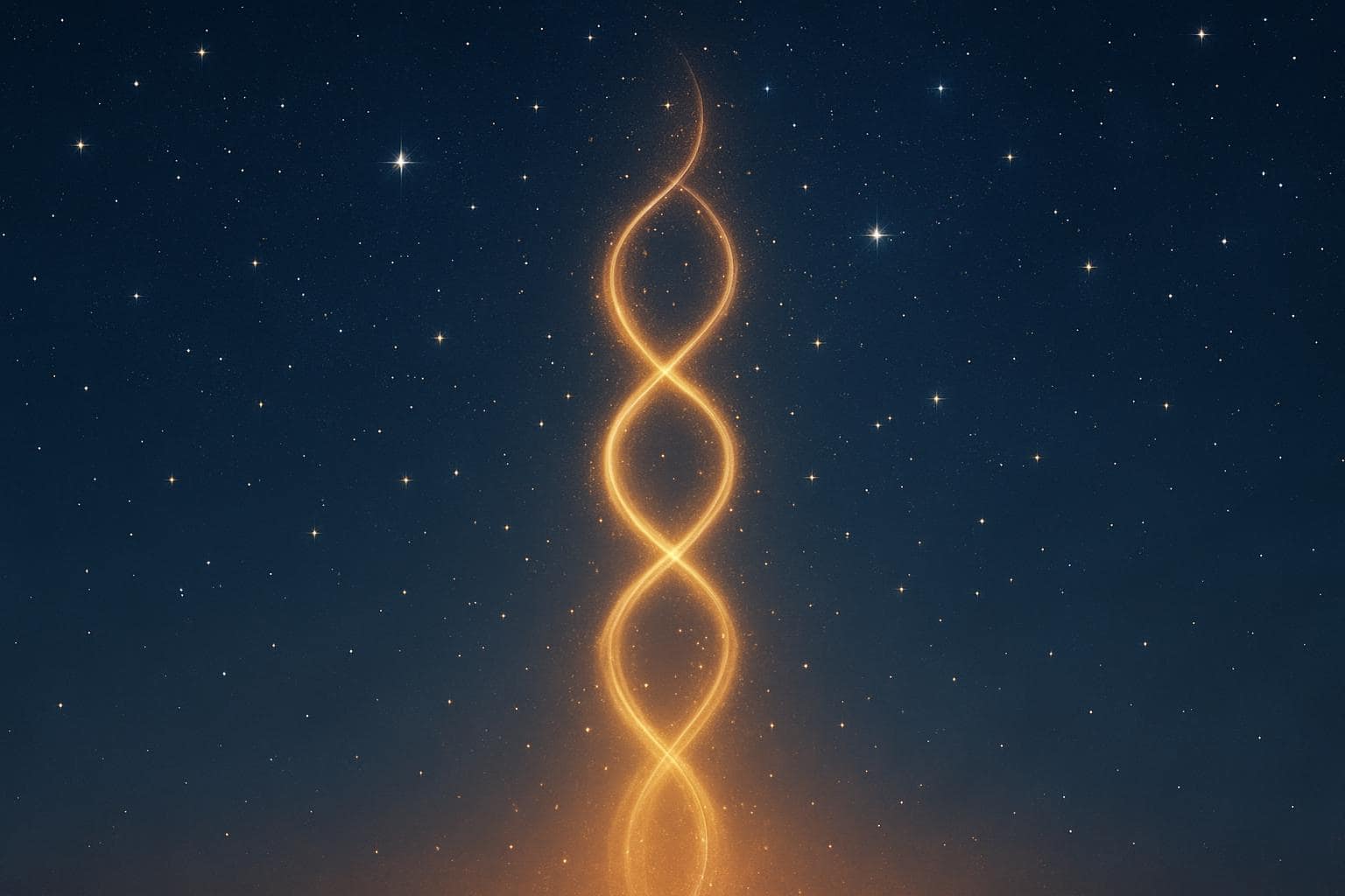 Two intertwined trails of golden light spiraling into a starry sky symbolizing partnership and harmony