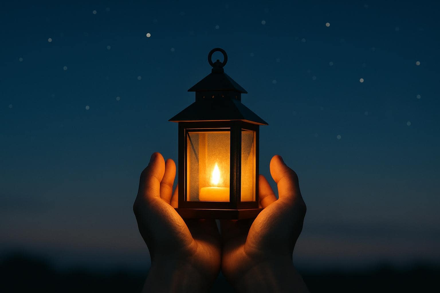 Hands holding a glowing lantern at twilight symbolizing intuition and grounded hope