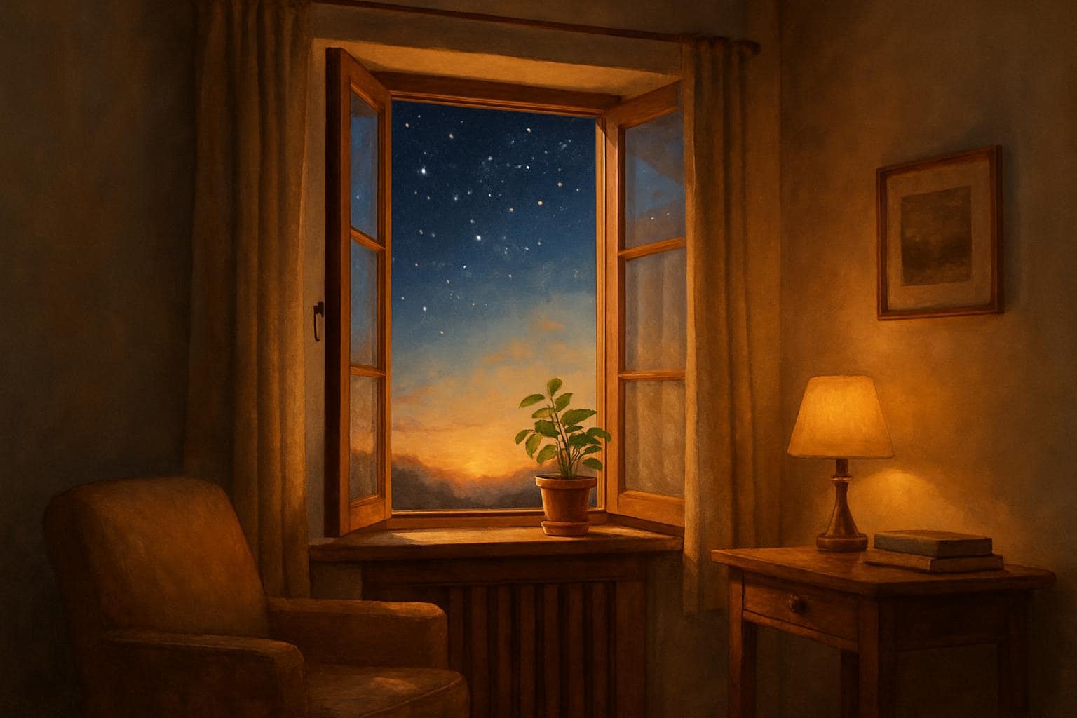 Cozy window scene blending daylight and starry sky symbolizing balance between spirit and daily life
