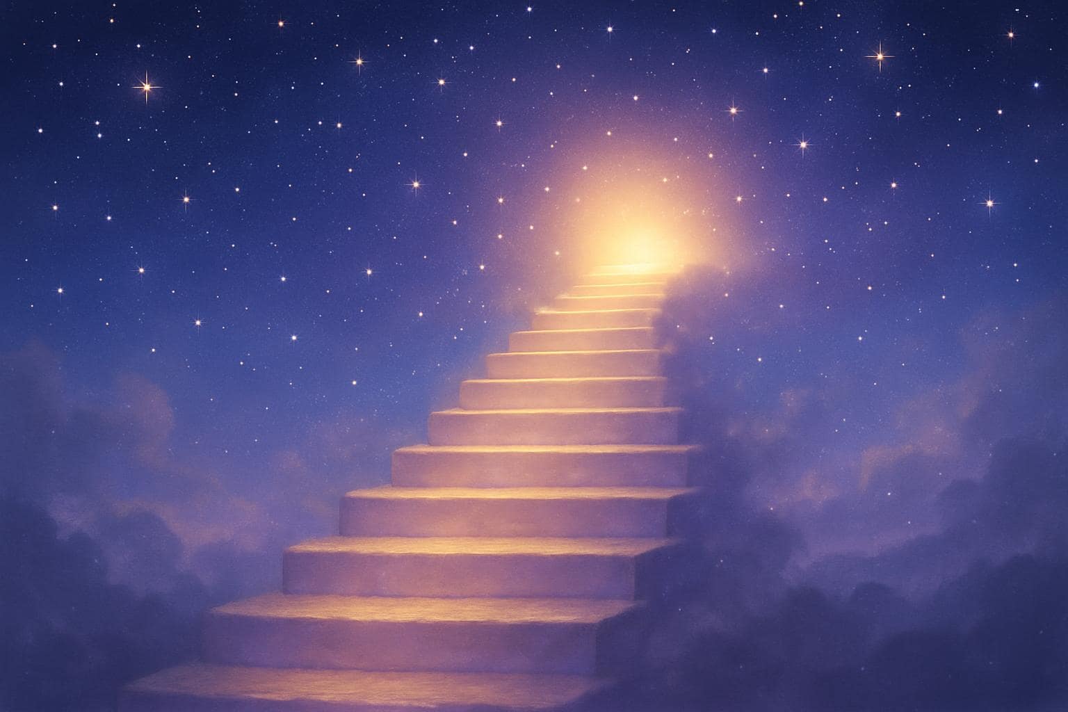 Glowing staircase of light ascending toward a warm horizon symbolizing the meaning of angel number 789