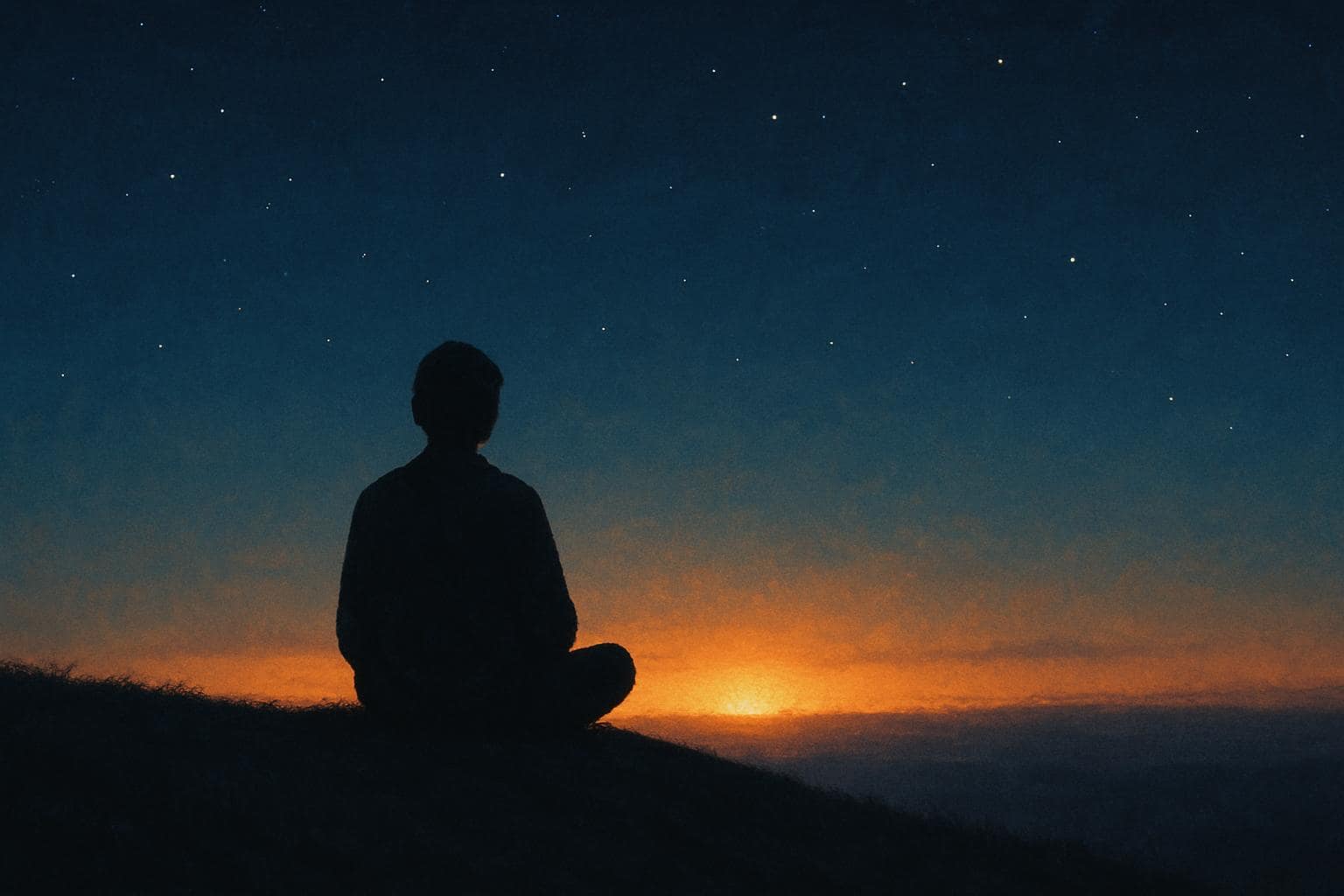 Person meditating quietly at dusk beneath a starlit sky, symbolizing reflection and closure