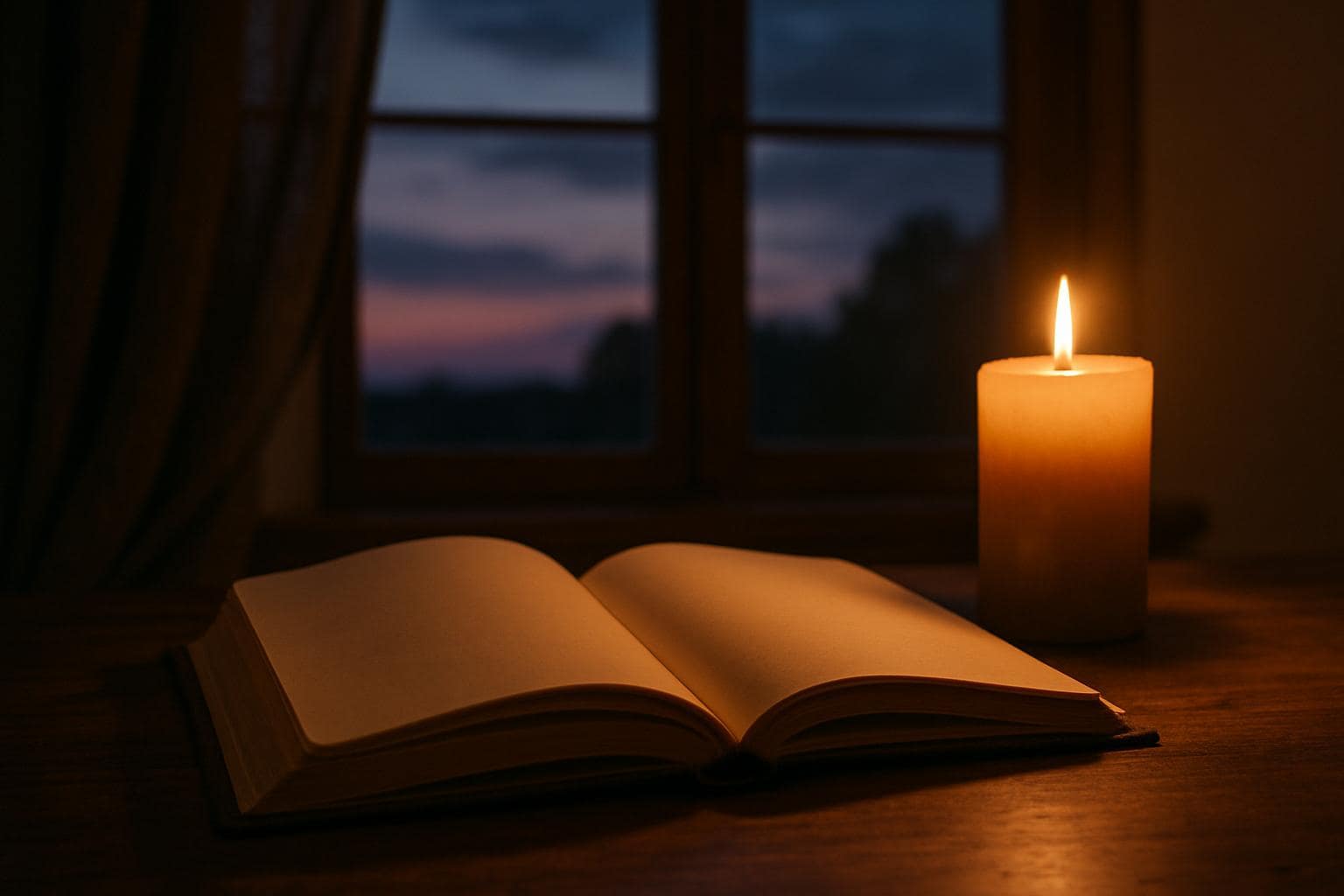 Journal and candle on a table at twilight, symbolizing honest self-reflection