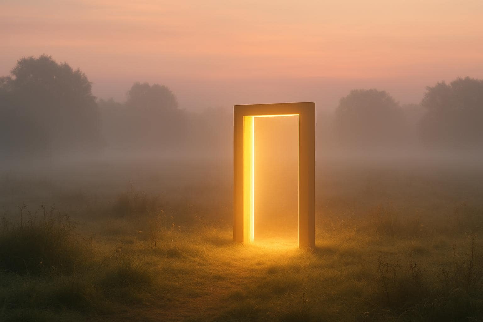 A glowing golden portal in a misty dawn field symbolizing new beginnings and abundance