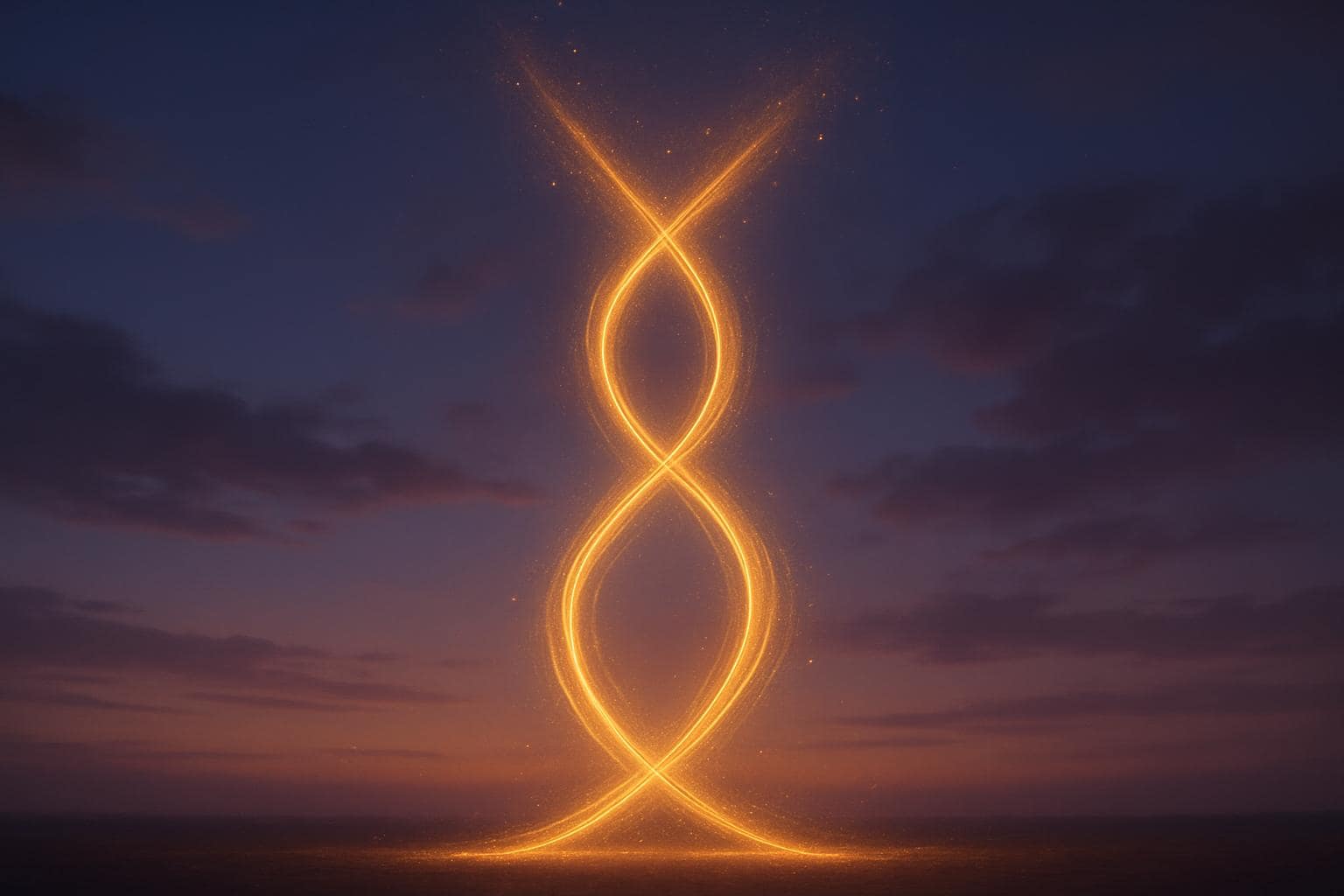 Two golden light streams balancing in a twilight sky representing angel number 82 harmony