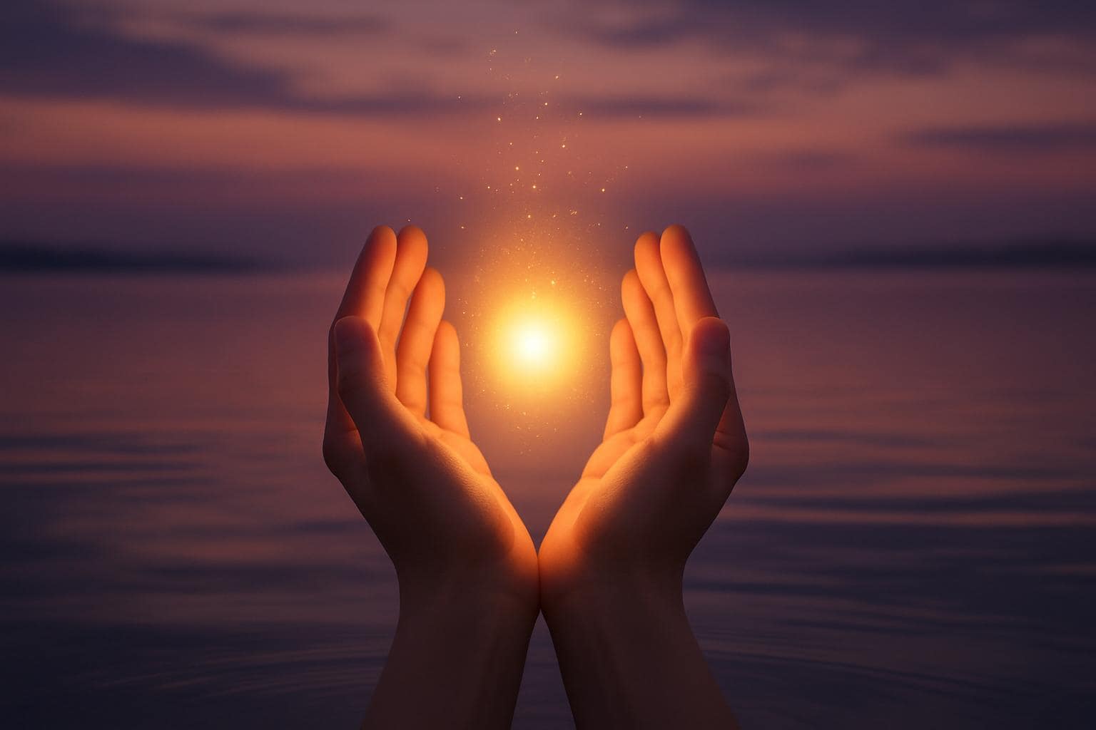 Hands cupping a glowing light over calm water symbolizing abundance and balance