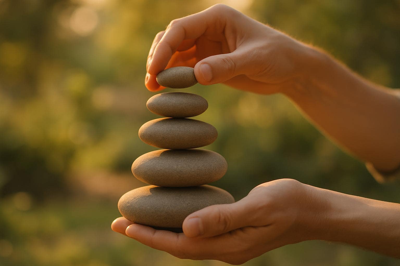 Hands stacking balanced stones symbolizing stability and patient effort