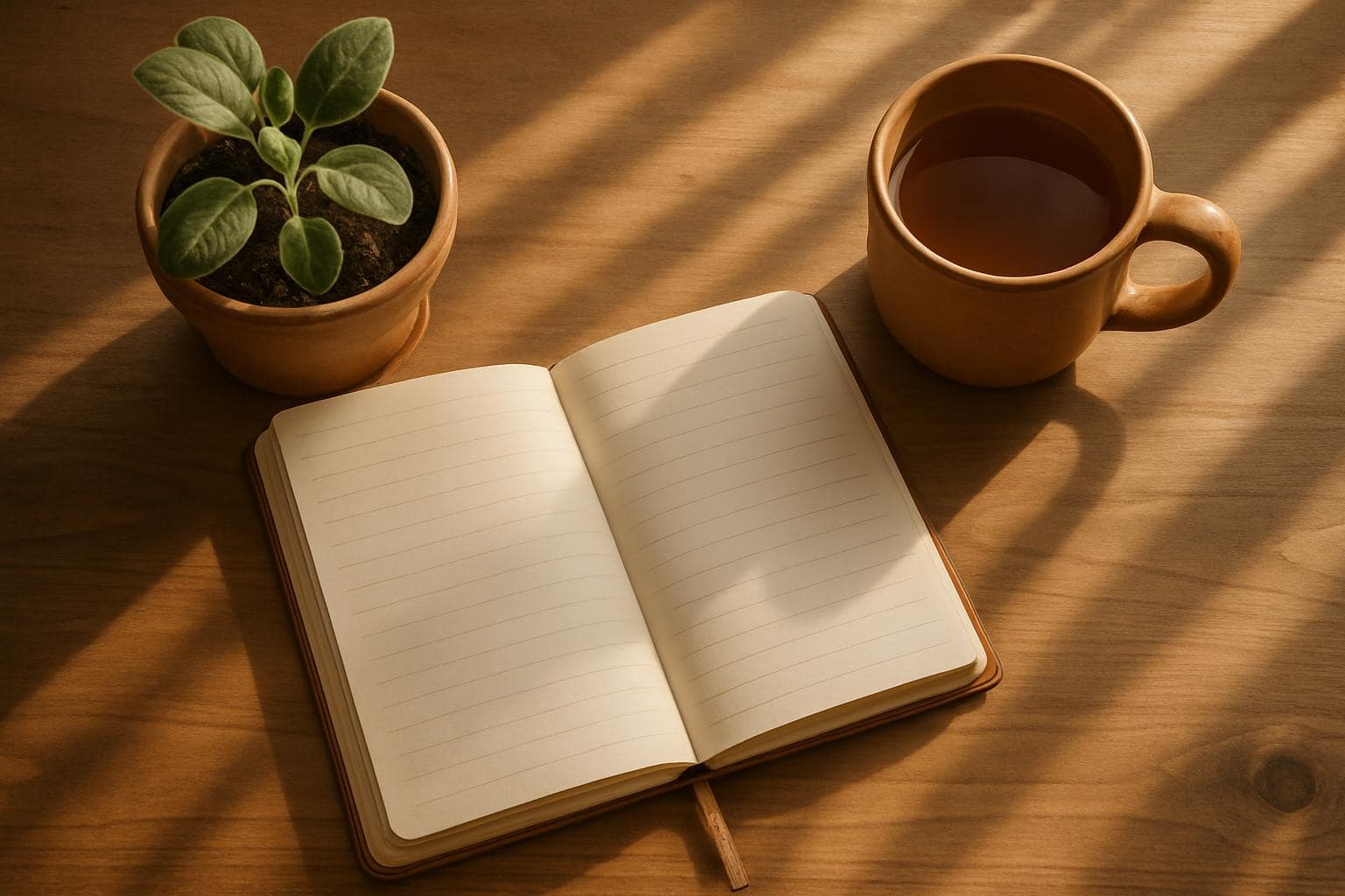 Peaceful desk with journal and tea symbolizing steady daily discipline