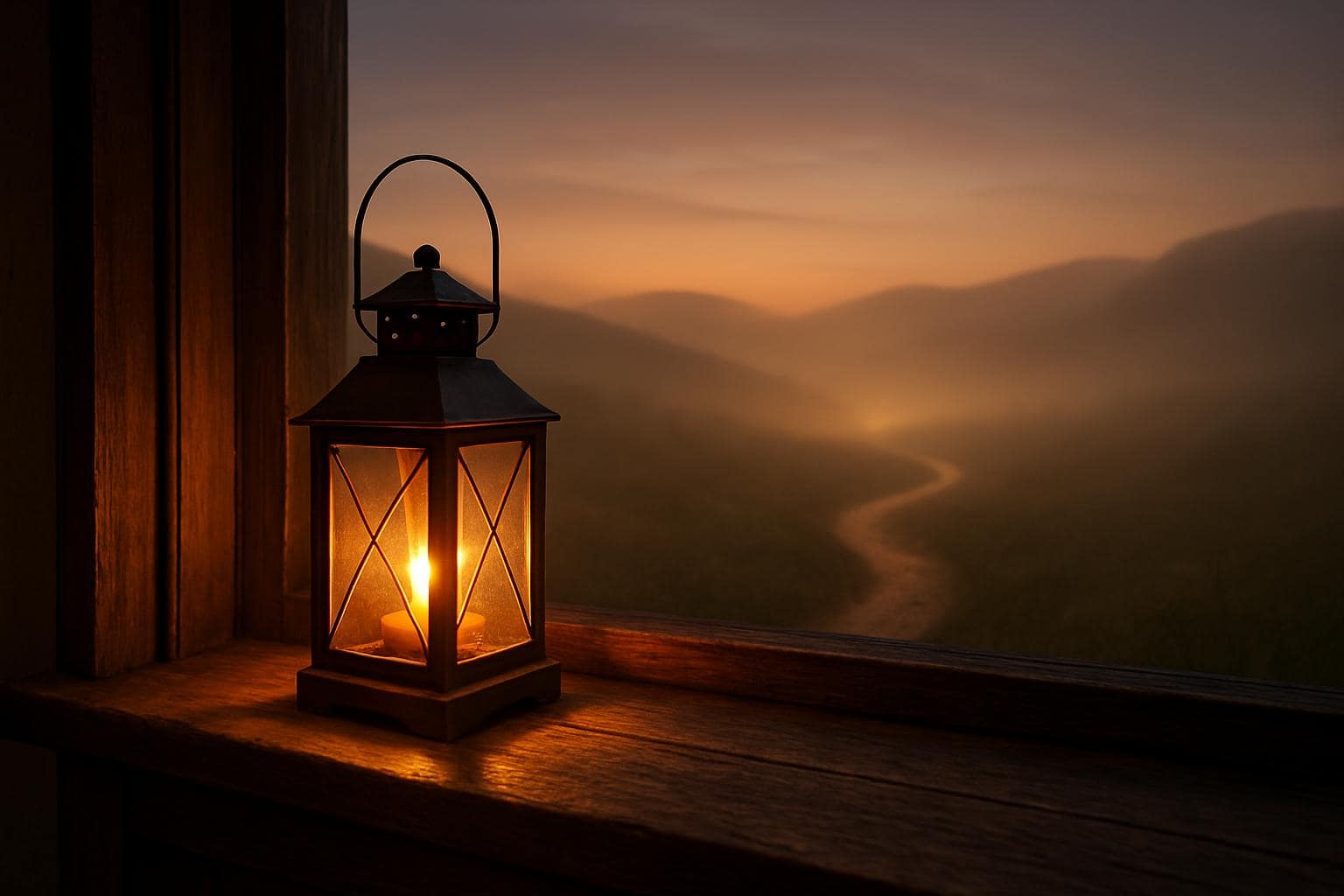 Glowing lantern on a windowsill symbolizing new beginnings and stability
