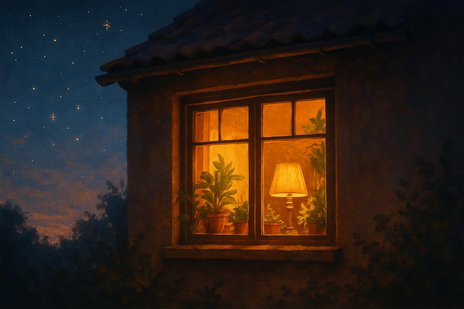 A warmly lit home window at dusk symbolizing balance between abundance and family warmth