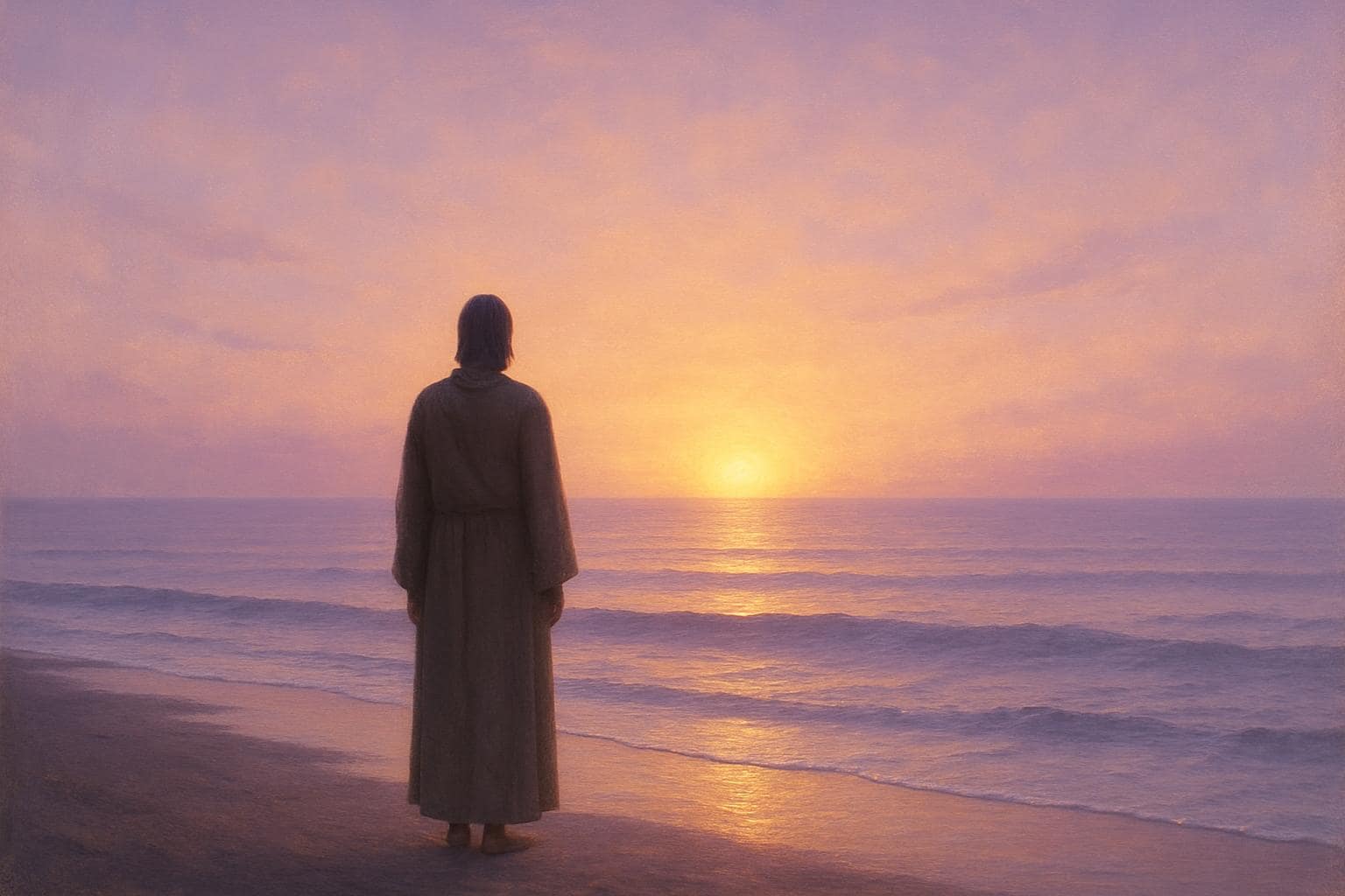 Person standing at a glowing shoreline at dawn symbolizing completion and new beginnings