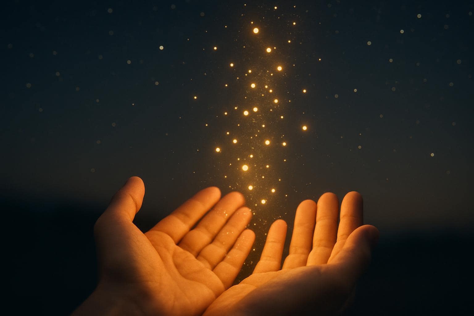 Hands releasing glowing light particles into a starry night sky symbolizing letting go