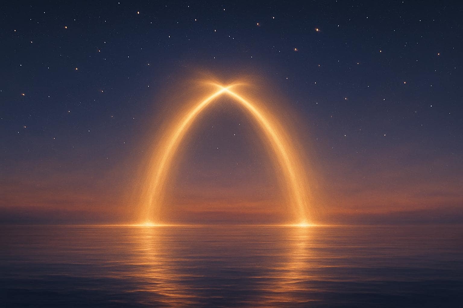 Two beams of warm light balancing over calm water symbolizing partnership and trust