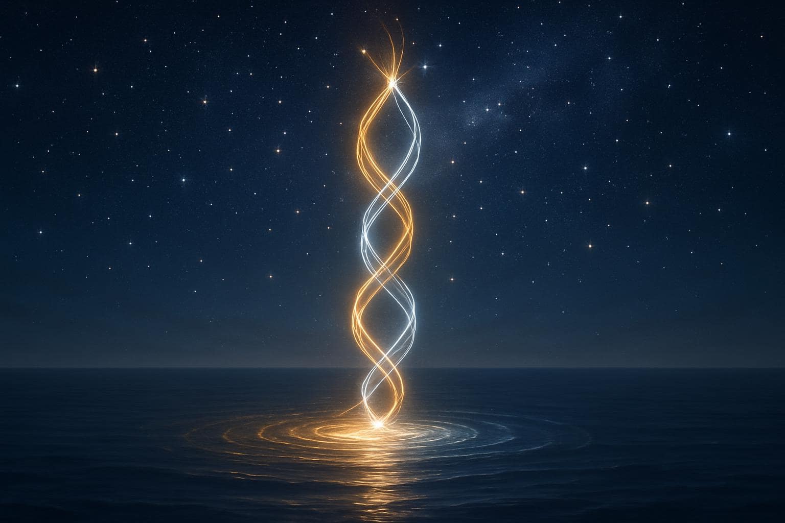 Two intertwined trails of light spiraling upward into a starry sky, symbolizing spiritual completion and connection