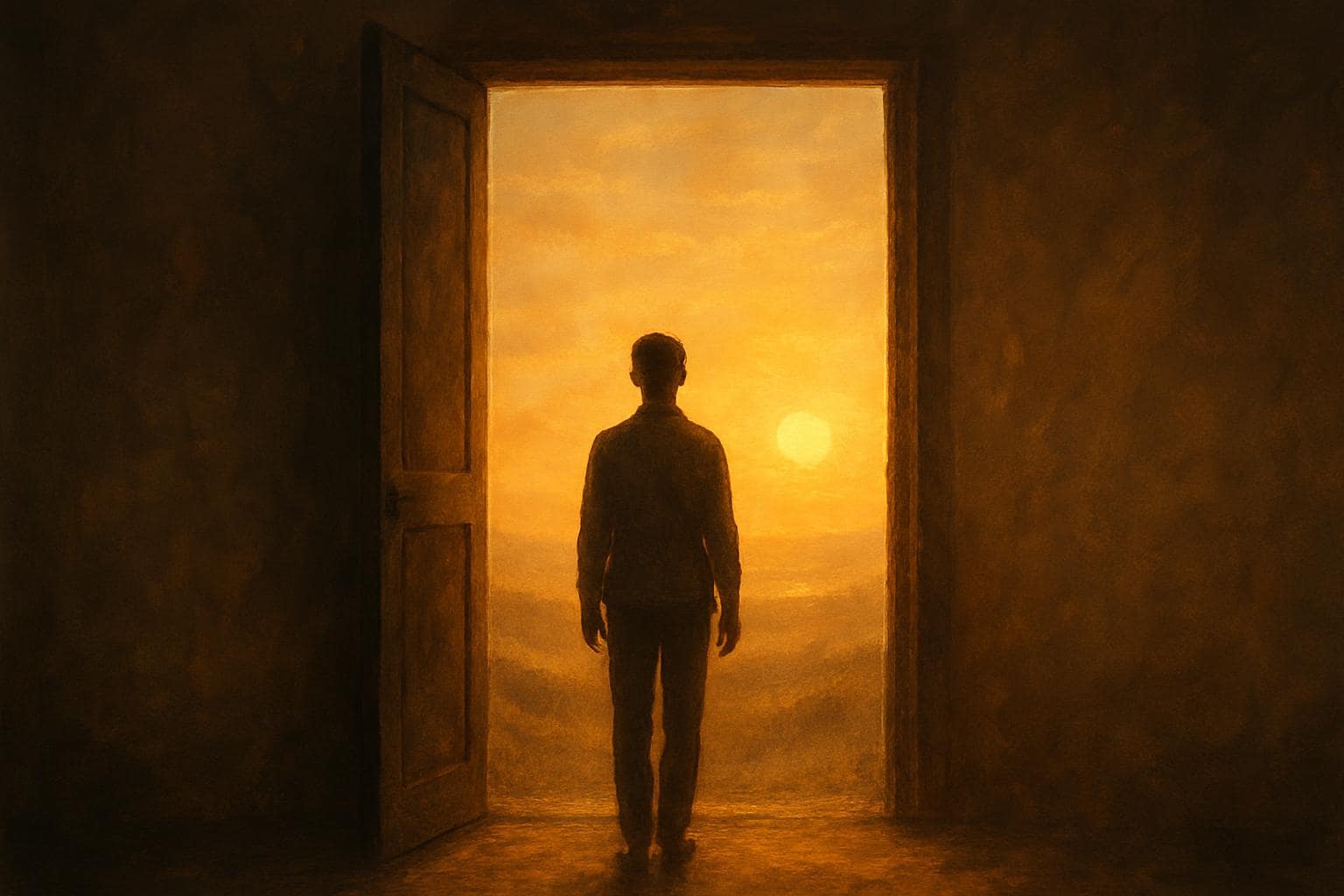 Person standing at an open doorway facing a warm sunrise, symbolizing letting go and new beginnings