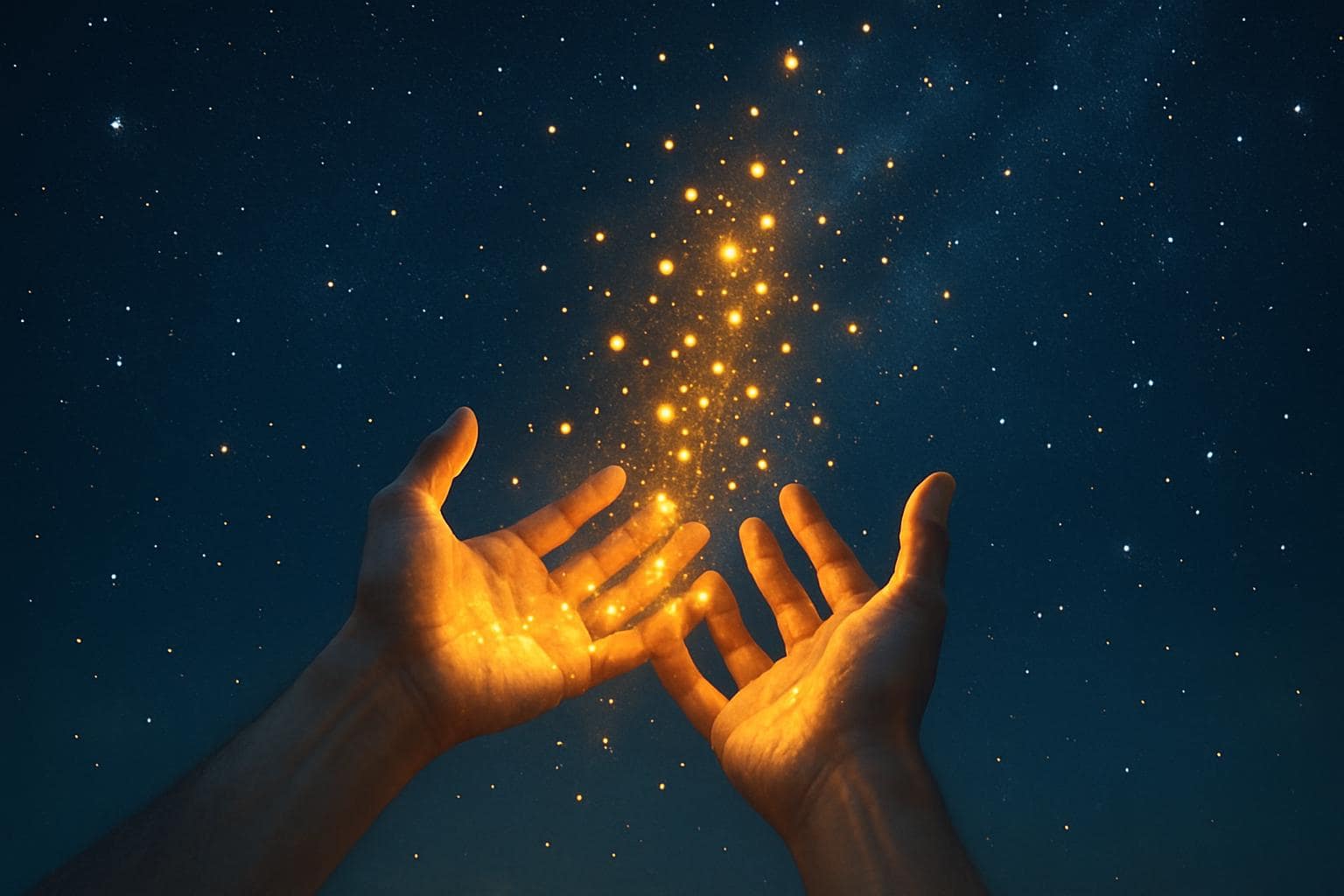 Hands releasing glowing light particles into a starry night sky, symbolizing letting go and transformation