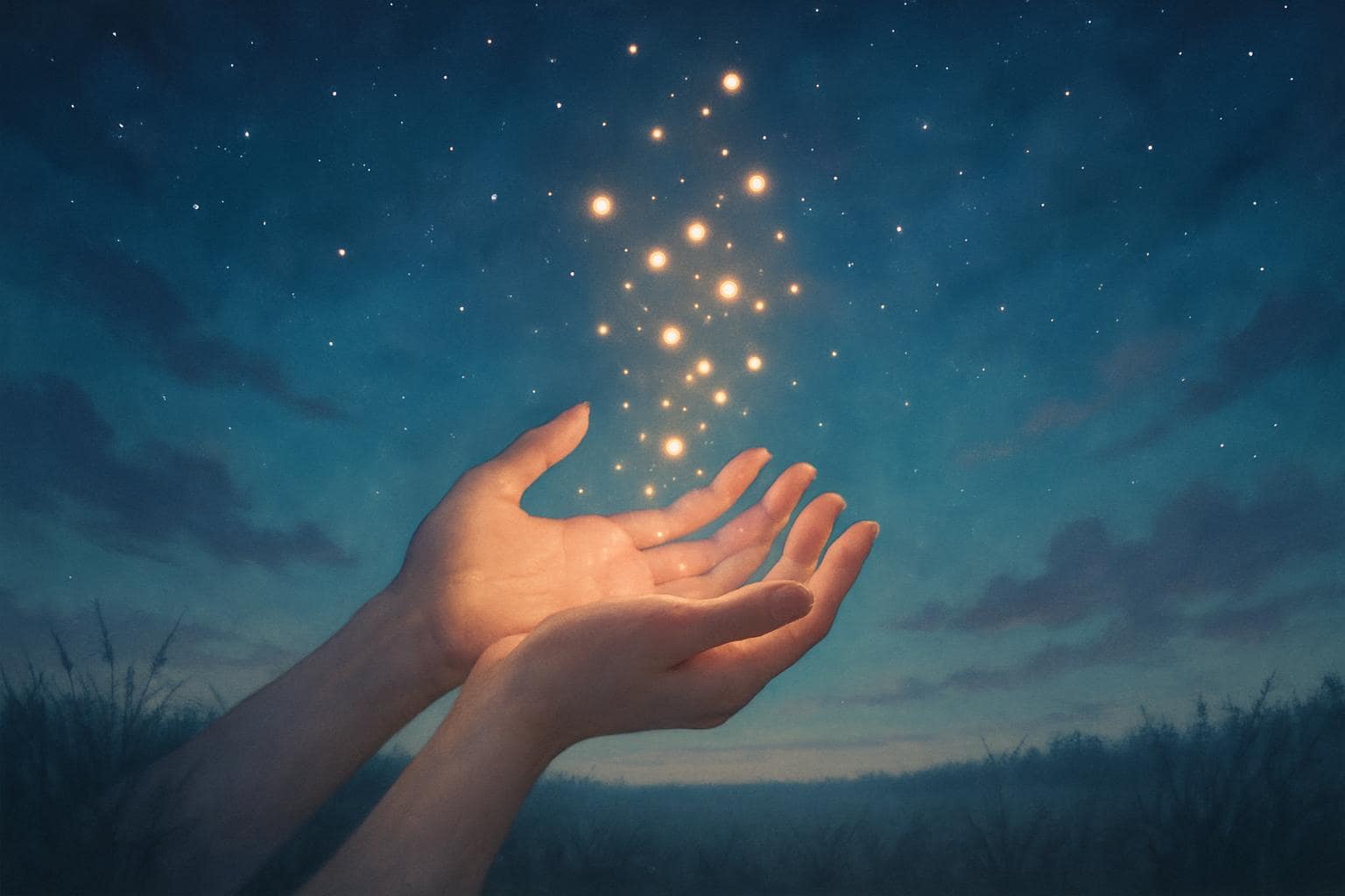 Hands releasing glowing light into the sky symbolizing letting go under angel number 96