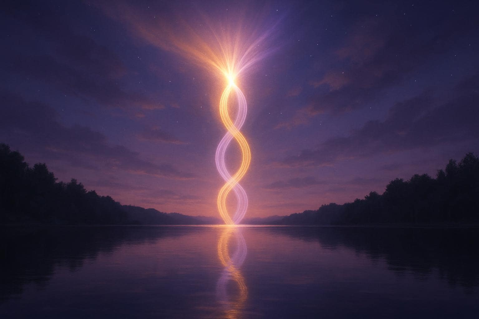 Soft light beams over a calm lake symbolizing spiritual reflection and twin flame connection