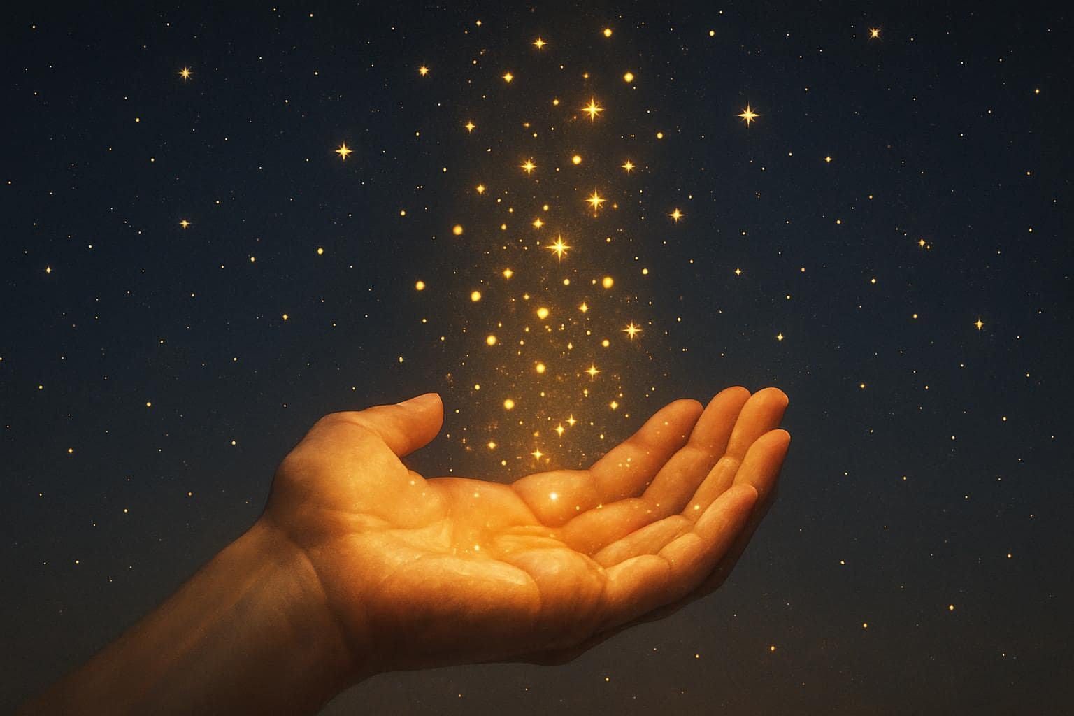 Hands releasing glowing light into the sky symbolizing letting go to receive abundance