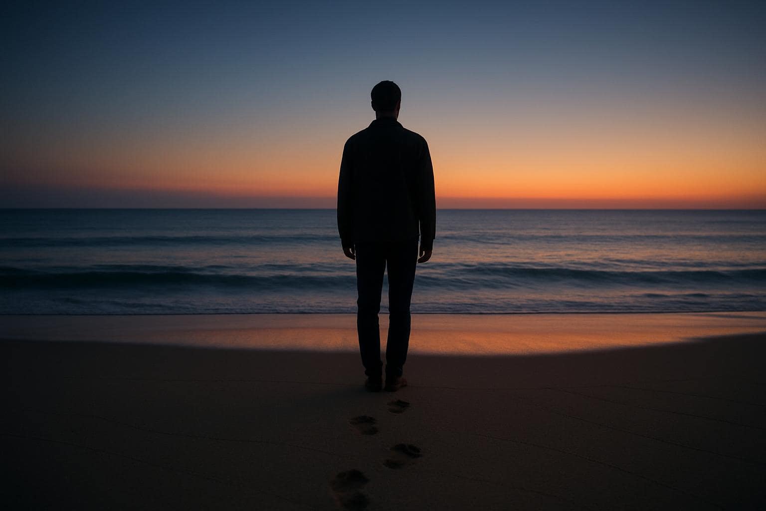 A person standing at the shoreline at dusk, symbolizing letting go and closure