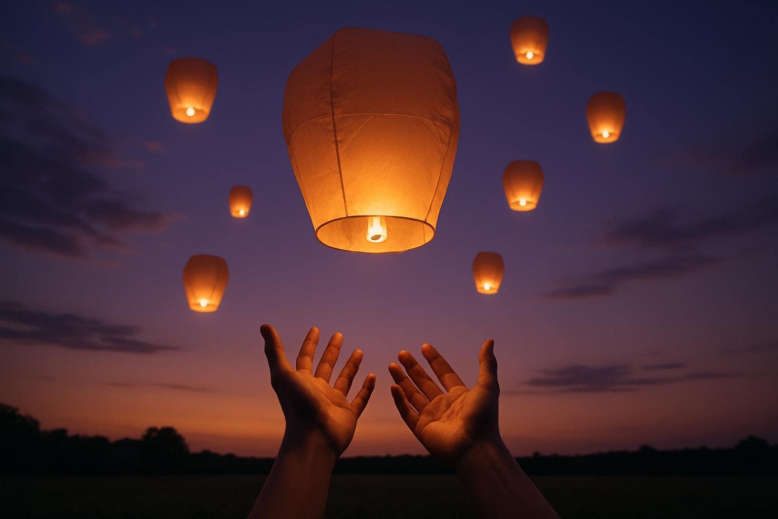 Hands releasing glowing lanterns into a twilight sky, symbolizing spiritual release