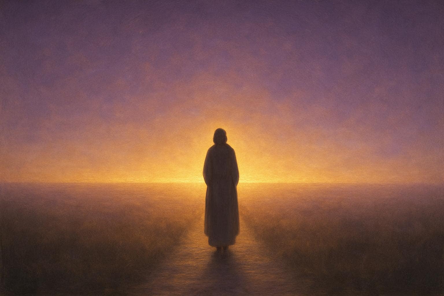 A figure standing at a glowing horizon symbolizing completion and new beginnings