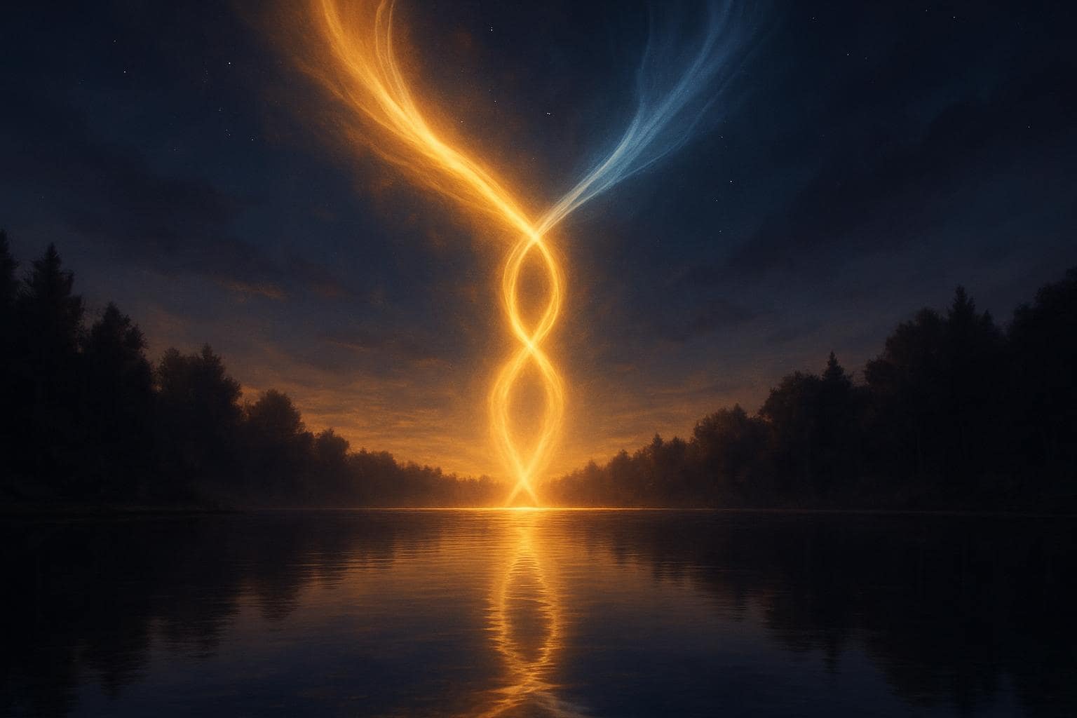 Two beams of light meeting over a calm lake symbolizing twin flame connection