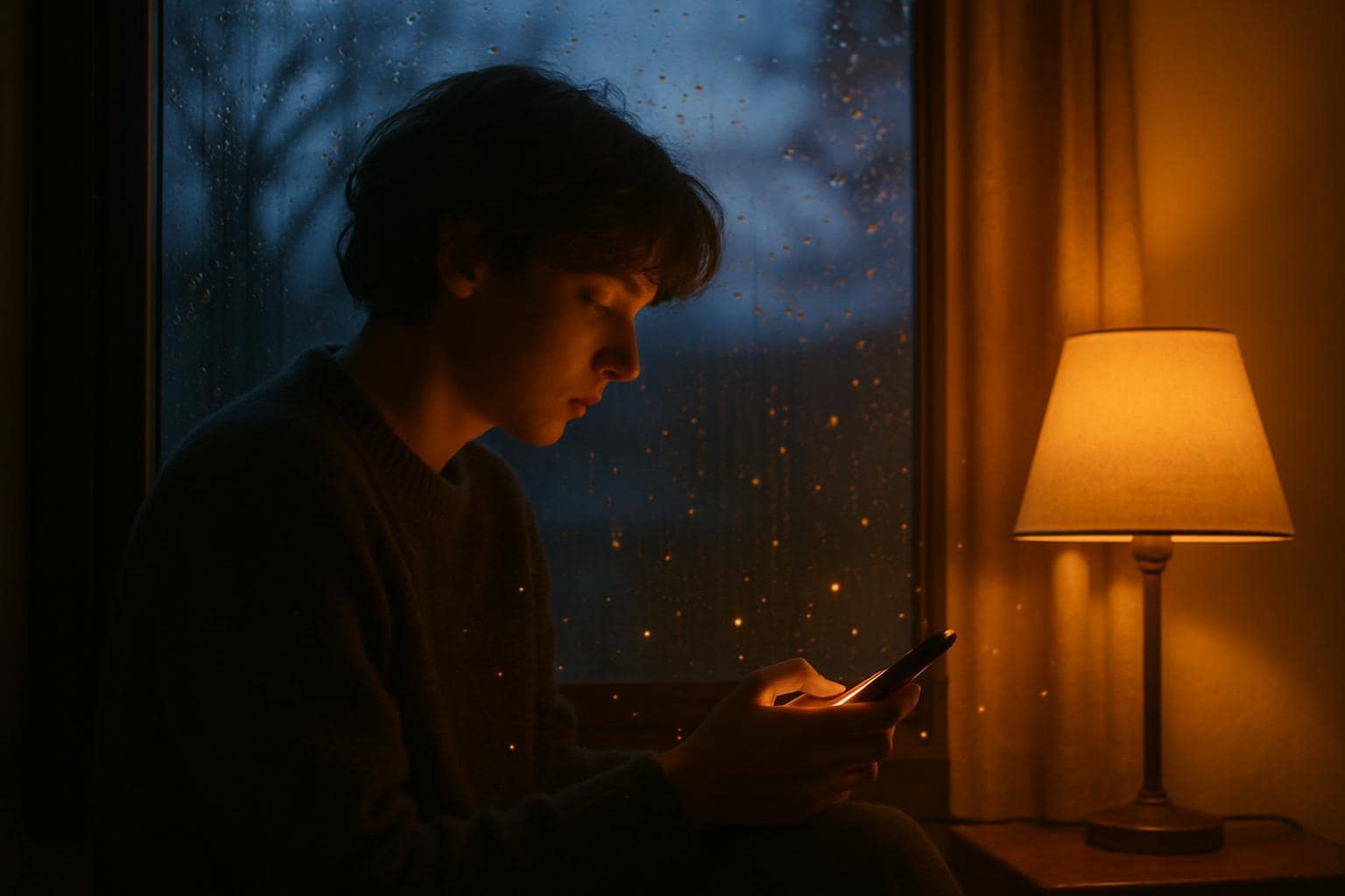 A person sitting quietly by a window at dusk after a breakup, warm light glowing softly around them