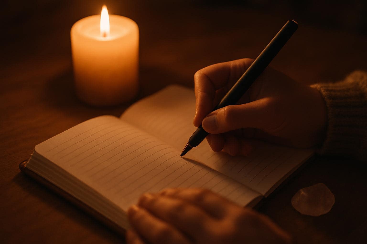 A journal and candlelight scene representing reflecting on and recording spiritual signs