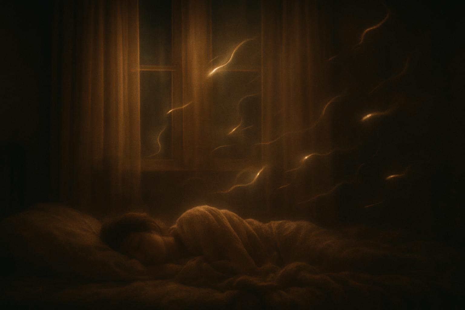 A softly lit bedroom at night with dreamlike golden light drifting above a sleeping figure